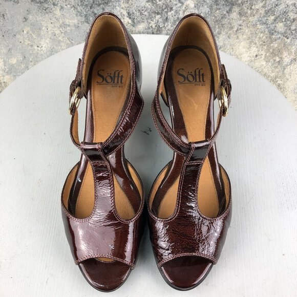 Sofft Women's Size 10M Brown Patent Leather Open Toe Ankle Strap Sandals Heels - Picture 3 of 15